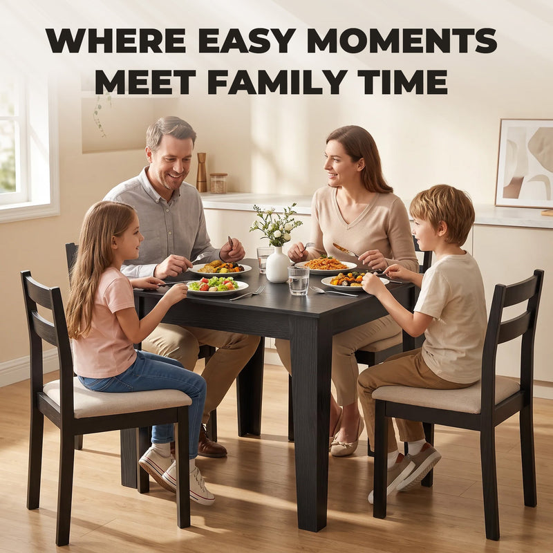 Family sitting around the Black Wood Effect dining table sharing a meal