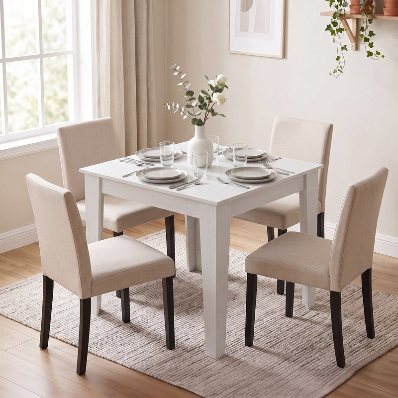 White dining table set for four with beige upholstered chairs