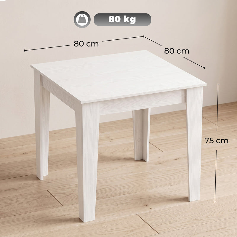 Dimension diagram showing 80 x 80 x 75 cm size of the white dining table