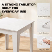 Close-up of the white tabletop showing water-resistant, anti-scratch and easy-clean finish