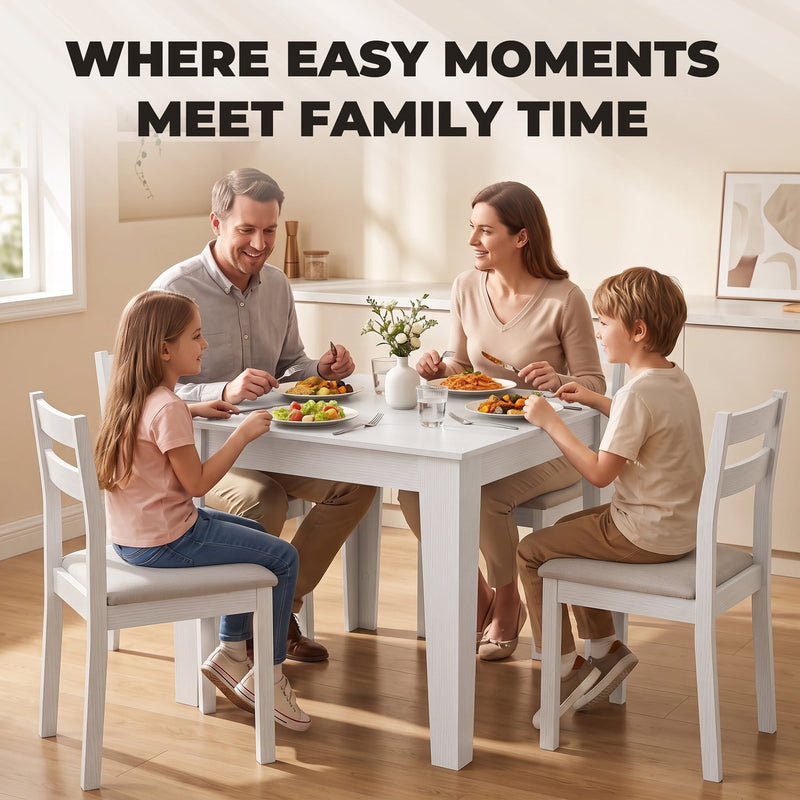 Family sitting around the white dining table sharing a meal