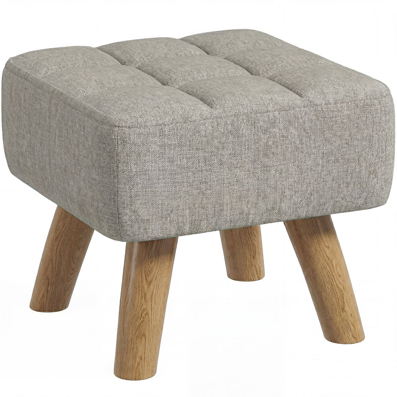 Light brown linen-look footstool with tufted top and oak-tone wooden legs