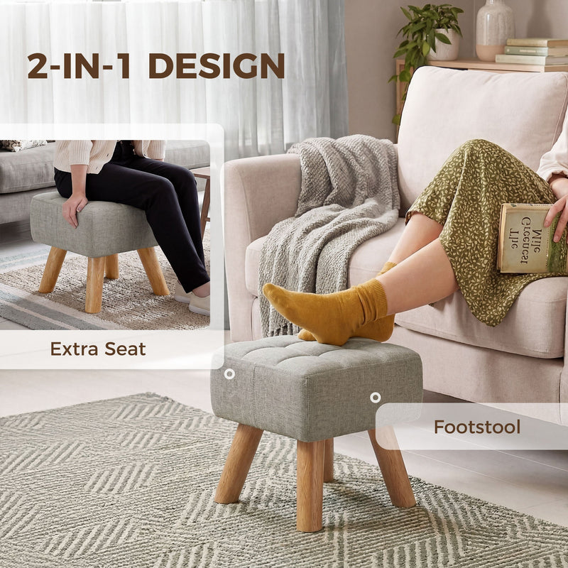 Footstool shown used as an extra seat and as a footrest in a living room
