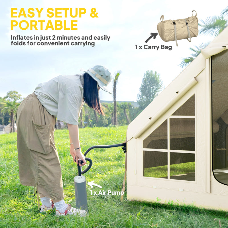 Inflatable 2 to 4 Person Camping Tent with Fast 2 Minute Setup and Weatherproof Design Beige