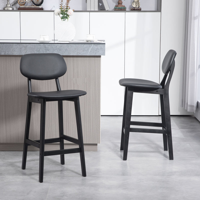 Set of 2 Wooden Bar Stools with Padded Faux Leather Seats Ideal for Kitchen or Home Bar Black