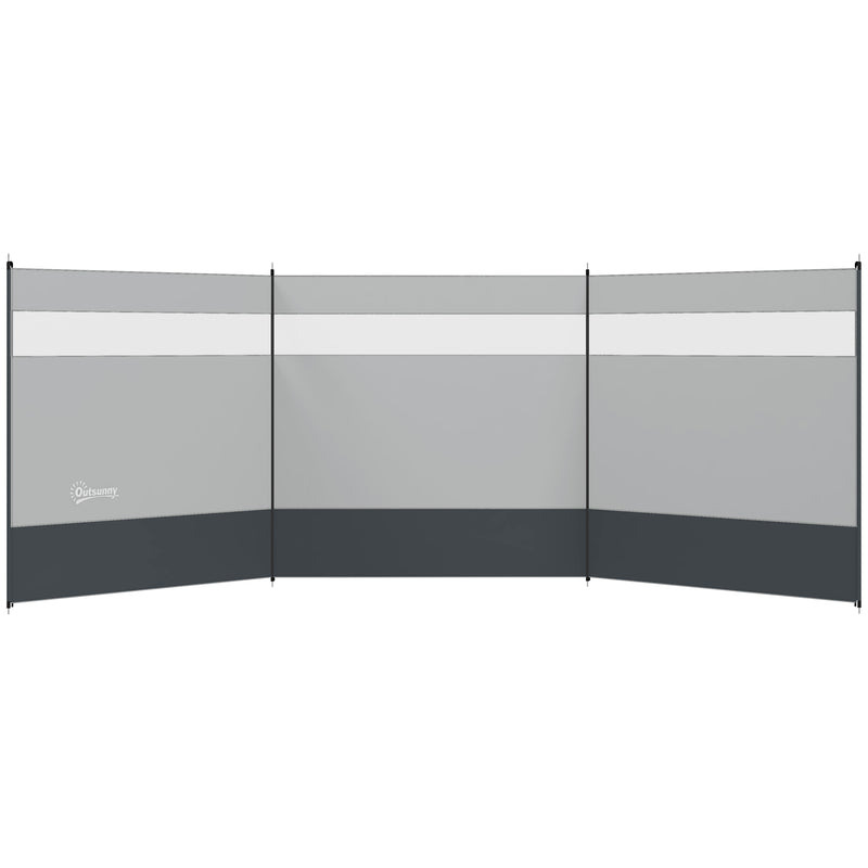 Camping Windbreak with Clear Windows and Steel Poles for Beach or Caravan Grey AOSOM