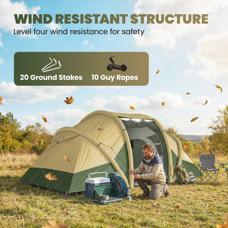 Inflatable Family Tent with Two Bedrooms and Quick 5 Minute Setup for Camping Green Brown