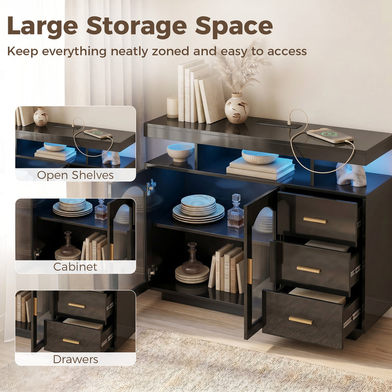 Sideboard with Organised Storage and Built In Charging Hub for Living Room Black