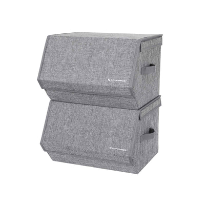 Two grey fabric storage boxes stacked with their hinged lids closed