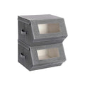 Two grey Songmics fabric storage boxes stacked, each with a clear window in the front