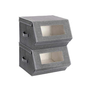 Two grey Songmics fabric storage boxes stacked, each with a clear window in the front