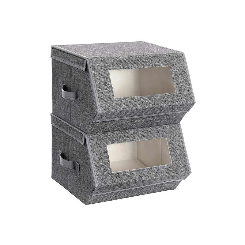 Two grey Songmics fabric storage boxes stacked, each with a clear window in the front