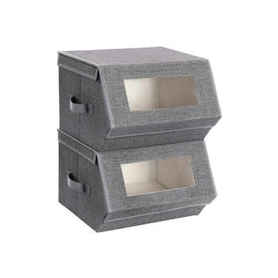 Two grey Songmics fabric storage boxes stacked, each with a clear window in the front