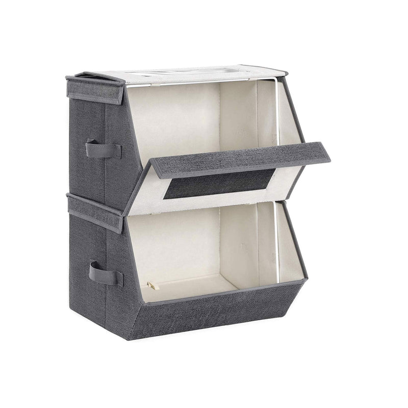 Stacked grey storage boxes with the top front flap dropped open showing the cream interior
