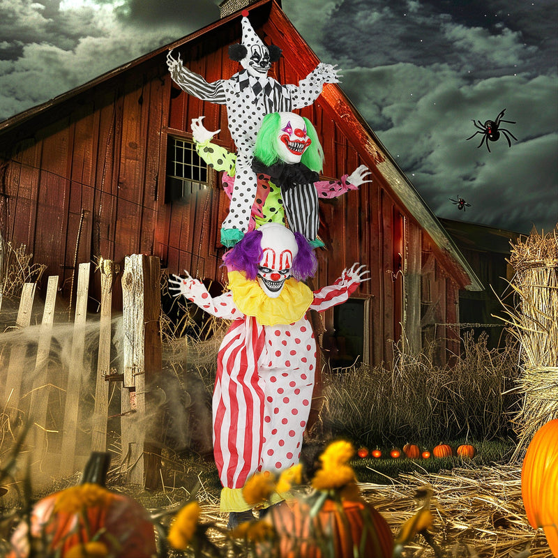 Stacked Halloween clown trio displayed in a spooky barn yard scene at night