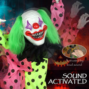 Close-up of the green-haired middle clown's face with sound-activated feature highlighted