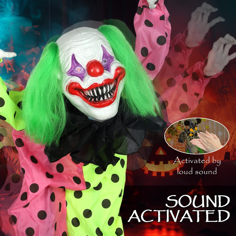 Close-up of the green-haired middle clown's face with sound-activated feature highlighted