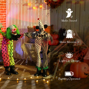 Stacked Halloween clowns on a porch with icons for sound, movement, lights and battery power