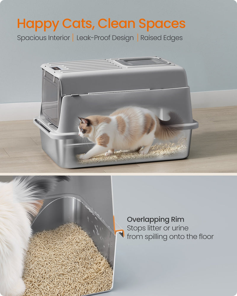 Cat using the stainless steel litter box, spacious interior with leak-proof overlapping rim