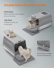 Front door and top door entry points on the stainless steel cat litter box, with cats using each door