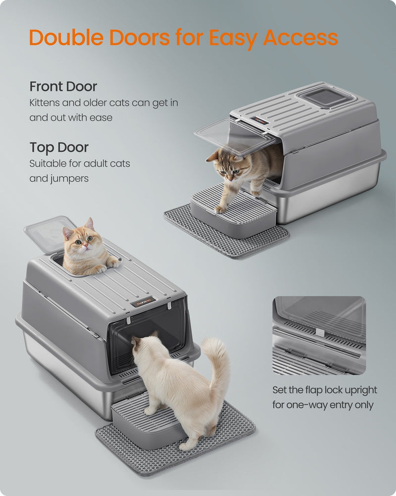 Front door and top door entry points on the stainless steel cat litter box, with cats using each door