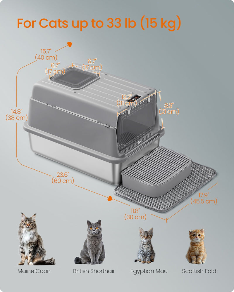 Dimensions diagram of the stainless steel cat litter box, 60 x 40 x 38 cm, for cats up to 15 kg
