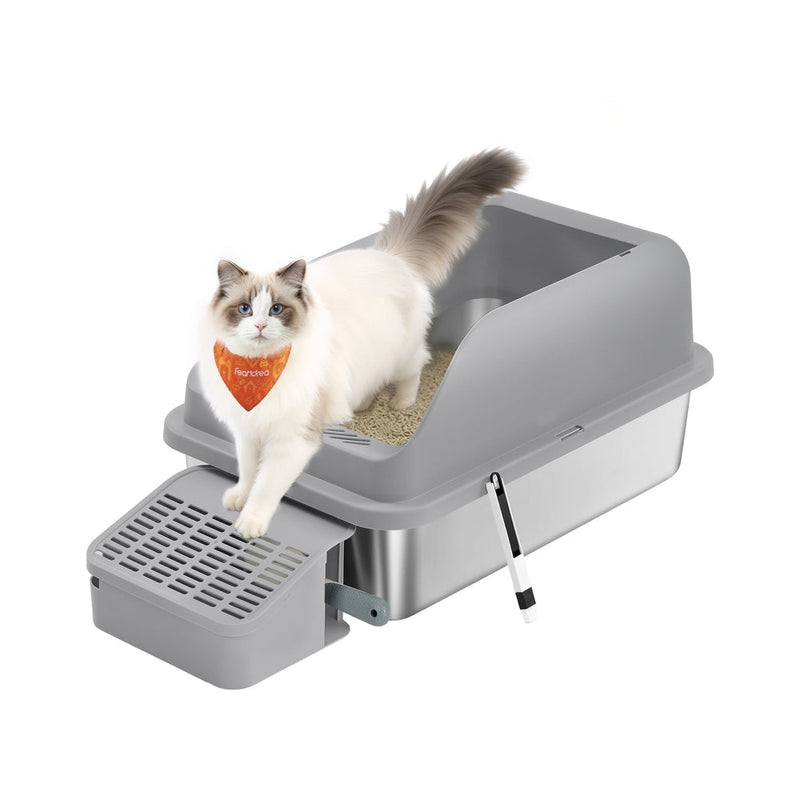 Stainless steel cat litter box, Slate Grey, with cat stepping over sloped step