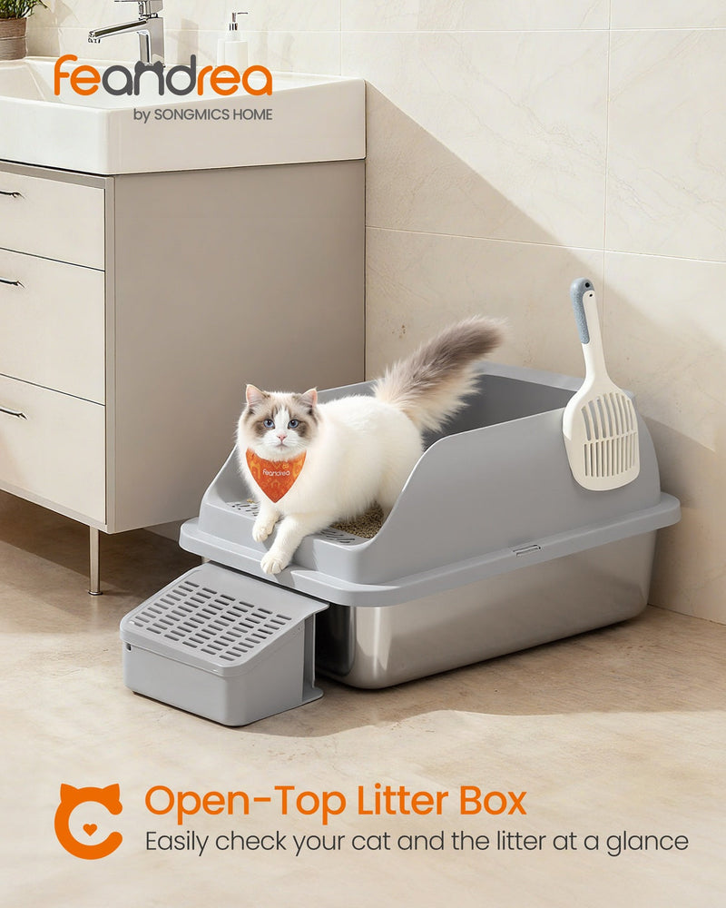 High sides of litter box containing litter spills