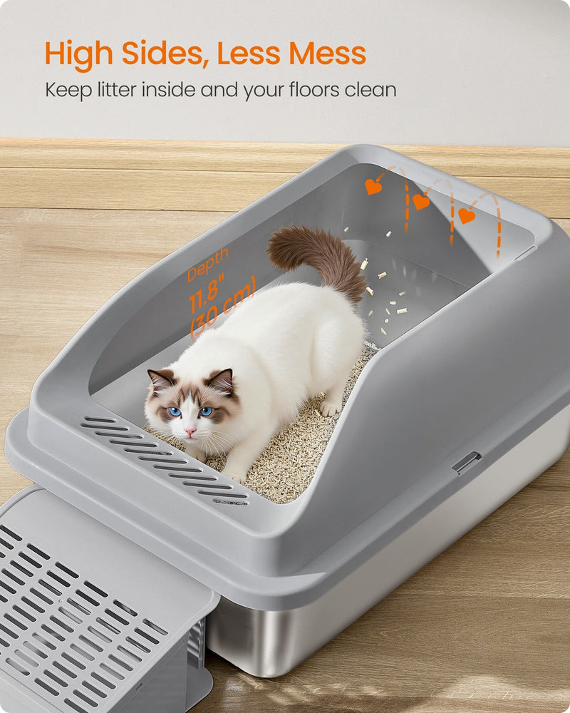 Included scoop and brush stored in litter catcher