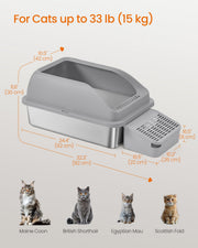 Cat sitting inside stainless steel litter box with open top