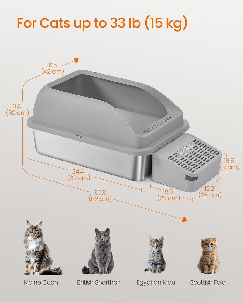 Cat sitting inside stainless steel litter box with open top