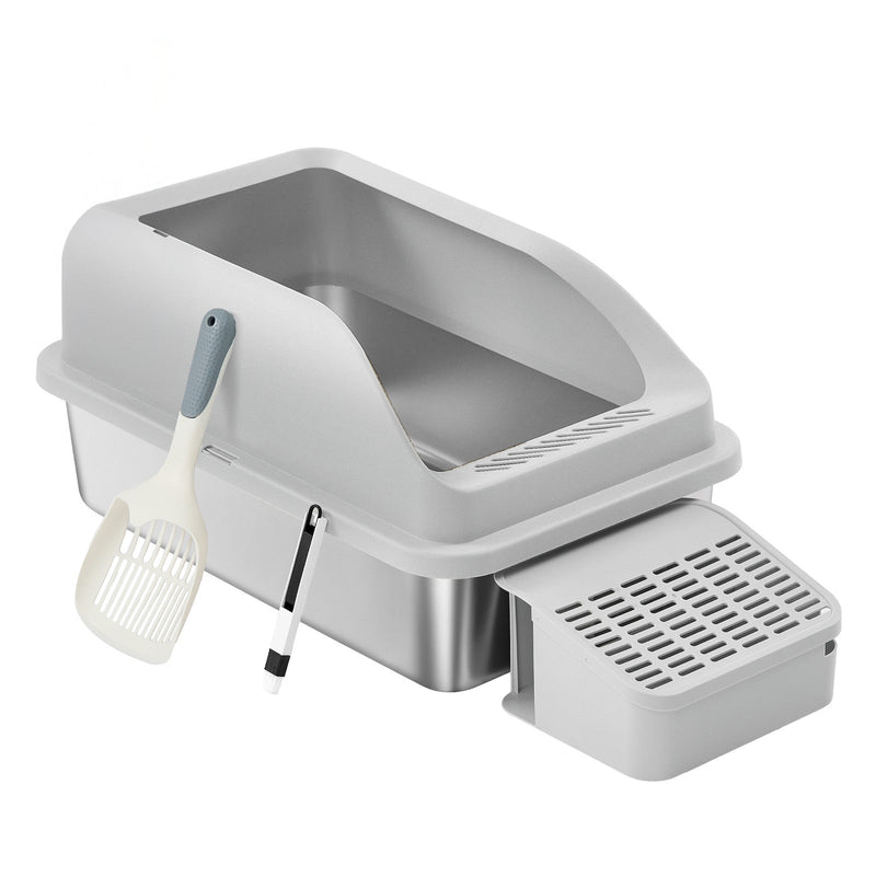 Stainless steel cat litter tray by Feandrea with scoop, cleaning brush and slotted step, studio view