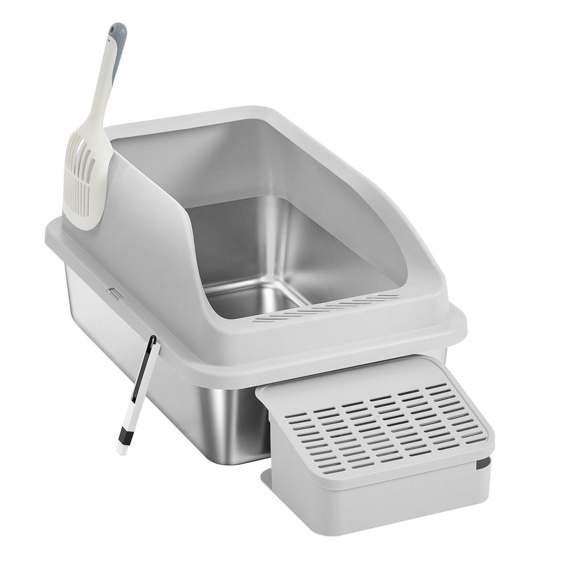 Angled view of the stainless steel litter tray showing the high sides and open top entry