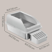 Dimension diagram showing the litter tray at 62 cm long, 42 cm wide and 30 cm tall with the slotted step alongside