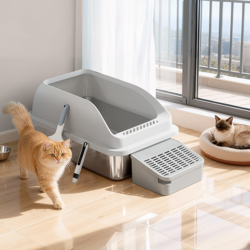 Lifestyle photo of a cat approaching the litter tray and step in a bright living room