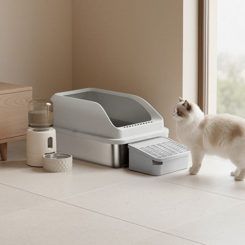 Litter tray and step positioned in a corner of a home, with a cat walking past a feeder and bowl