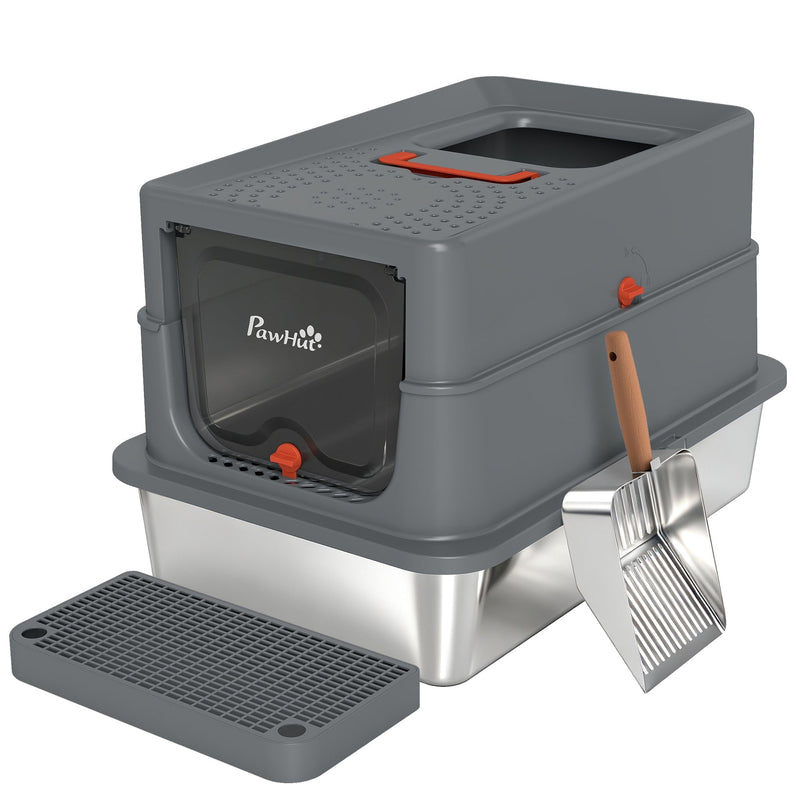 PawHut stainless steel XL cat litter tray with lid, dark grey