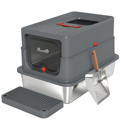 PawHut stainless steel XL cat litter tray with lid, dark grey