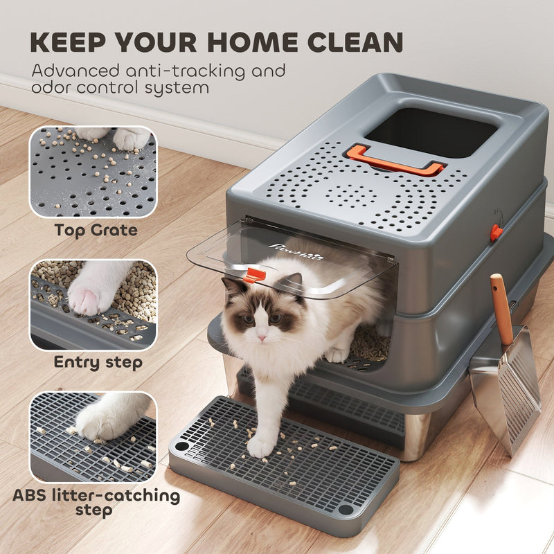 Close-up of the top grate and ABS litter-catching entry step