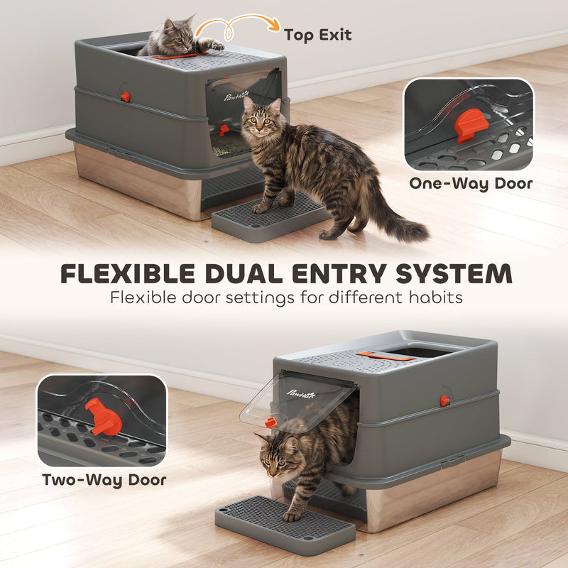Cat using the top exit with one-way and two-way door settings shown