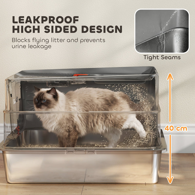 Cat inside the high-sided leakproof litter tray with tight seams shown