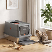 Litter tray and scoop styled in a bright living room with a cat nearby
