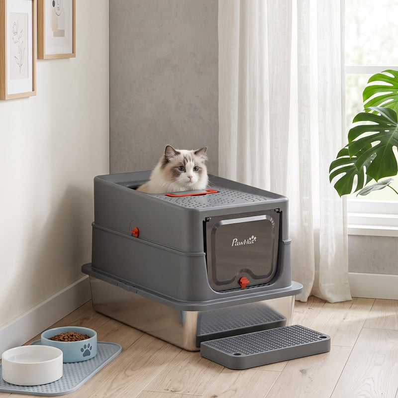 Cat sitting inside the litter tray through the top entry opening