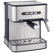 Brushed stainless steel espresso machine with a steam wand on a white background