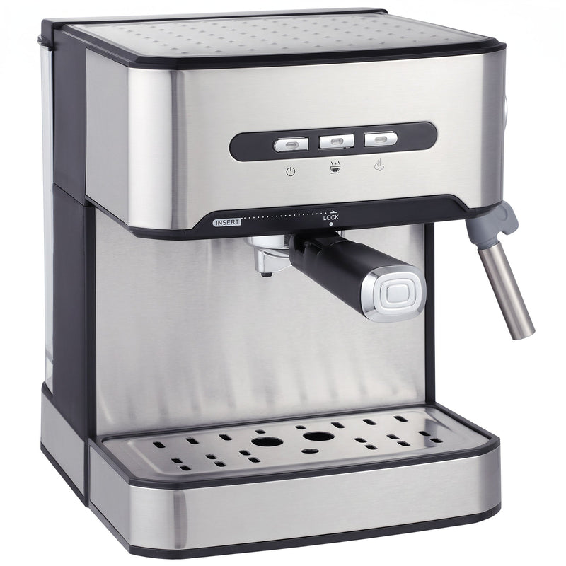Brushed stainless steel espresso machine with a steam wand on a white background