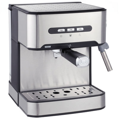 Brushed stainless steel espresso machine with a steam wand on a white background
