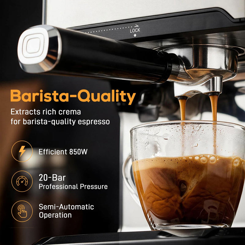 Close-up of crema pouring from the portafilter with 850W and 20 bar callouts