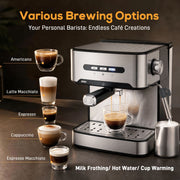 Brewing options graphic listing americano, latte macchiato, espresso, cappuccino and espresso macchiato