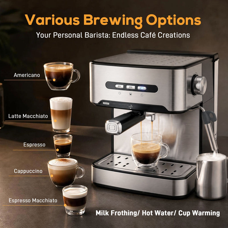 Brewing options graphic listing americano, latte macchiato, espresso, cappuccino and espresso macchiato