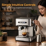 Controls graphic labelling the mechanical buttons, frothing knob and temperature display